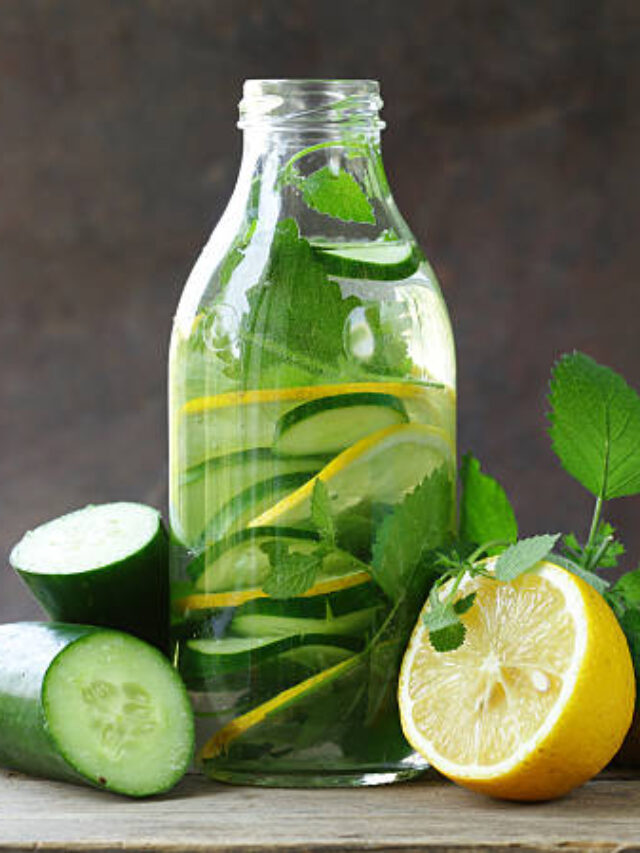 detox drink with fresh cucumber, lemon and ginger, healthy eating and diet