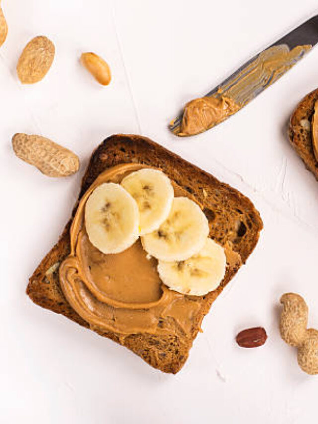 Peanut butter sandwiches with banana slices. Top view. Space for text